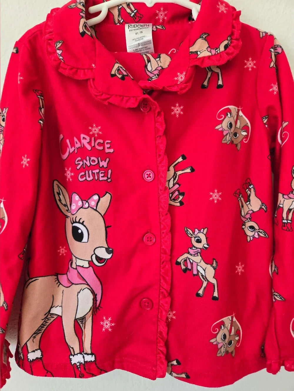 Clarice Reindeer Snow Cute Toddler Girl's Red Holiday Button Down Pajama SET